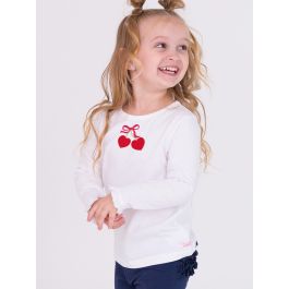 Heart Cherries Embroidered White Knit Long Sleeve Ruffle Layering Tee