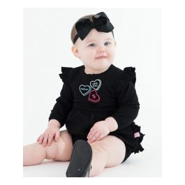 RB Sweet Hearts Embroidered Black Knit Long Sleeve Flutter Bubble Romper