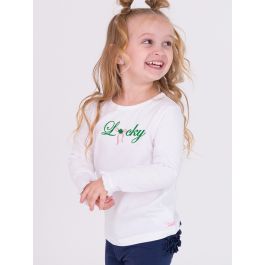 Lucky Bow Embroidered White Knit Long Sleeve Ruffle Layering Tee