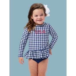 Red USA Embroidered Navy & White Gingham Scallop Hem Long Sleeve Rash Guard 2-Piece, with Signature Rear Ruffles