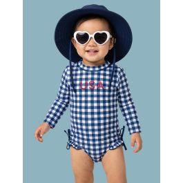 Red USA Embroidered Navy & White Gingham Long Sleeve One Piece Rash Guard Swimsuit, with Signature Rear Ruffles