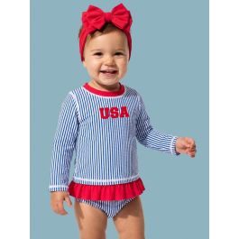 Red USA Embroidered Blue Seersucker Long Sleeve Rash Guard 2-Piece Swimsuit, with Signature Rear Ruffles