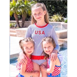 Red USA Embroidered Blue Seersucker Long Sleeve Rash Guard 2-Piece Swimsuit
