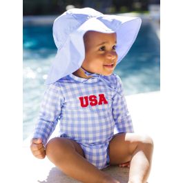 Red USA Embroidered Periwinkle Blue Gingham Long Sleeve One Piece Rash Guard Swimsuit, with Signature Rear Ruffles
