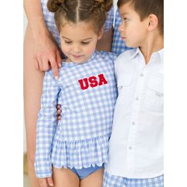 Red USA Embroidered Periwinkle Blue Gingham Scallop Hem Long Sleeve Rash Guard 2-Piece, with Signature Rear Ruffles