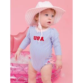 Red USA Embroidered Periwinkle Blue Seersucker Long Sleeve One Piece Rash Guard Swimsuit, with Signature Rear Ruffles