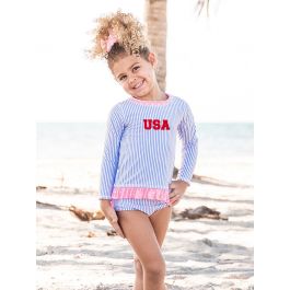 Red USA Embroidered Periwinkle Blue Seersucker Long Sleeve Rash Guard 2-Piece Swimsuit, with Signature Rear Ruffles