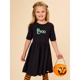 Glow in the Dark Boo Embroidered Black Knit Long Sleeve Twirl Dress
