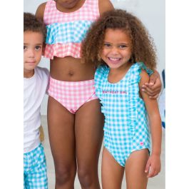 Neon Magenta BIRTHDAY GIRL Embroidered Bright Aqua Gingham Waterfall One Piece Swimsuit