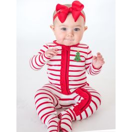 Christmas Tree Embroidered Red & White Stripe Ruffle One Piece Footie Pajamas, Modal Blend