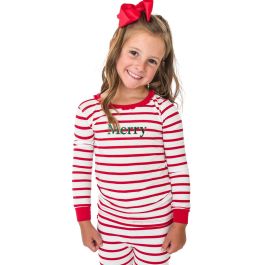 Pine Merry Embroidered Red & White Stripe Toddler Ruffle Long Sleeve Pajama Set, Modal Blend