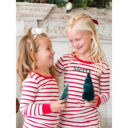 Pine Merry Embroidered Red & White Stripe Ruffle Long Sleeve Pajama Set, Modal Blend