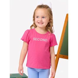 White Second Embroidered Hot Pink Short Sleeve Scallop Tee