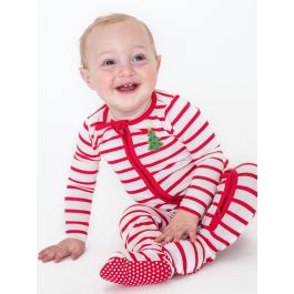 Christmas Tree Embroidered Red & White Stripe One Piece Footie Pajama, Modal Blend