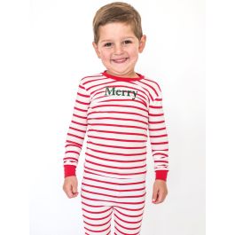 Pine Merry Embroidered Red & White Stripe Long Sleeve Pajama Set, Modal Blend