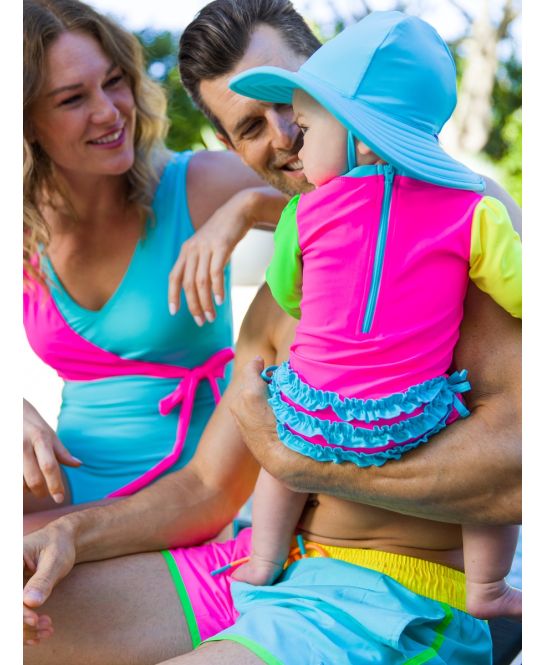 Neon Color Block Long Sleeve One Piece Rash Guard