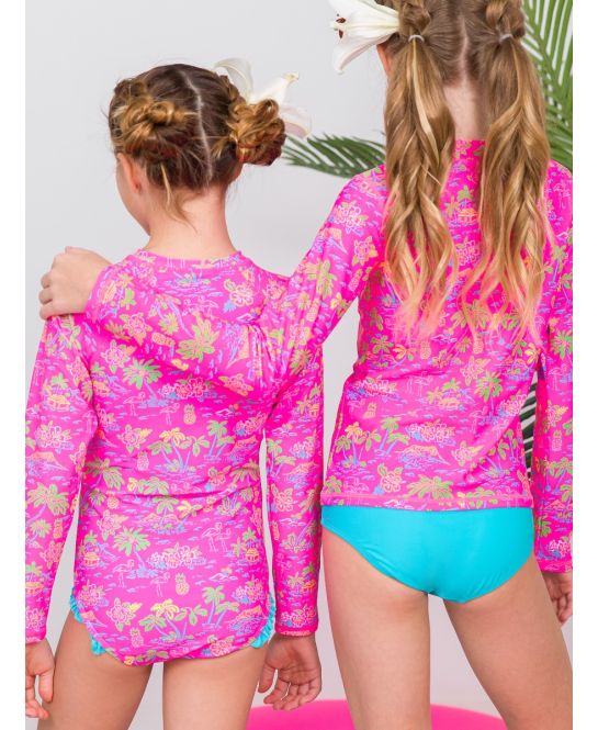 Neon Island Time Girls Long Sleeve Zipper Rash Guard 2-Piece