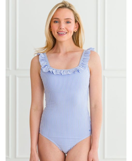 Periwinkle Blue Seersucker Women's Ruffle One Piece