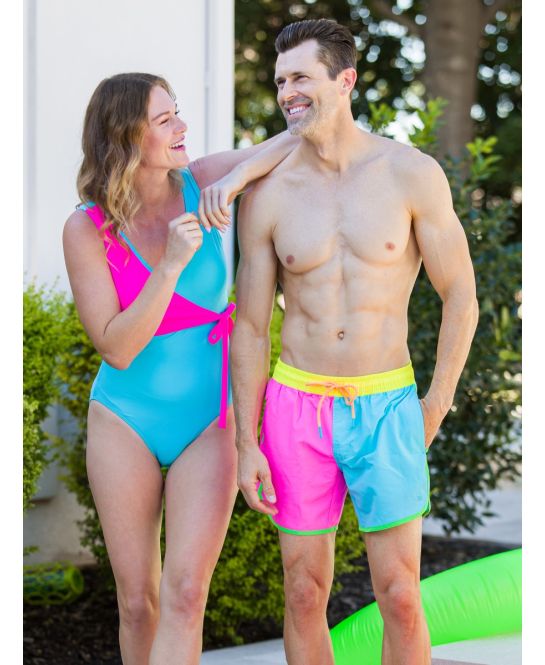 Neon Color Block Men's Dolphin Hem Swim Trunks