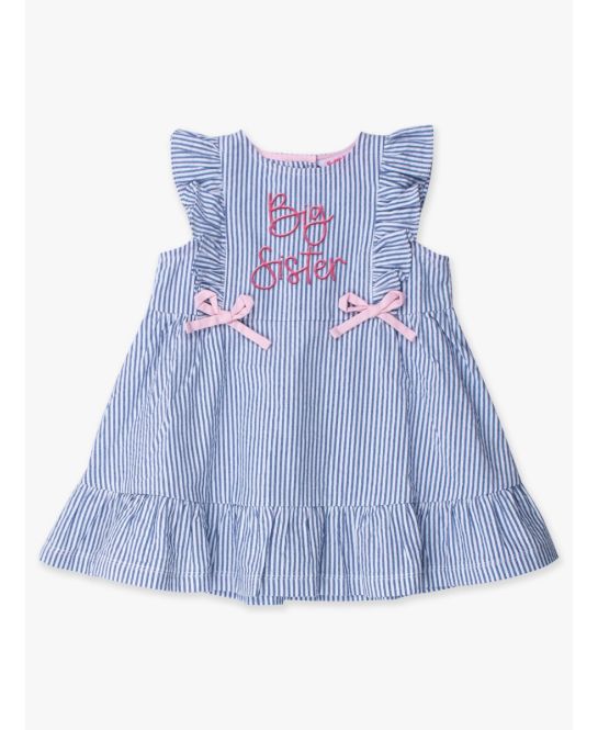 Classic Blue Seersucker Sleeveless Pinafore Bow Dress - 5 by RuffleButts
