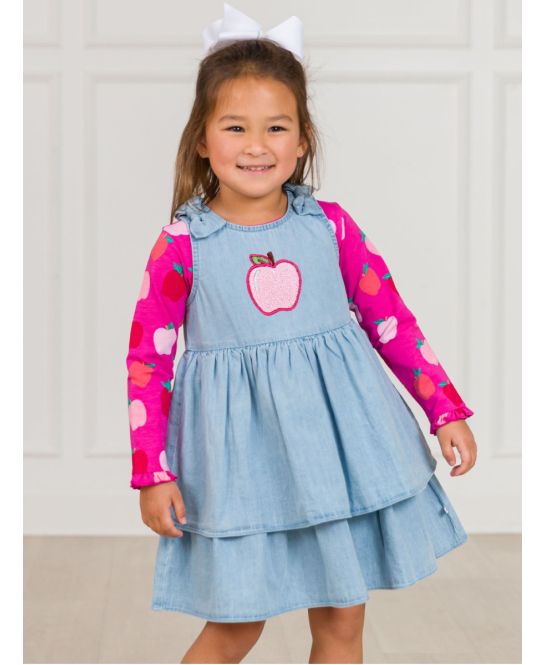 Toddler Light Wash Woven Bow Jumper Dress - 2T by RuffleButts Toddler Light Wash Woven Bow Jumper Dress - 2T by RuffleButts