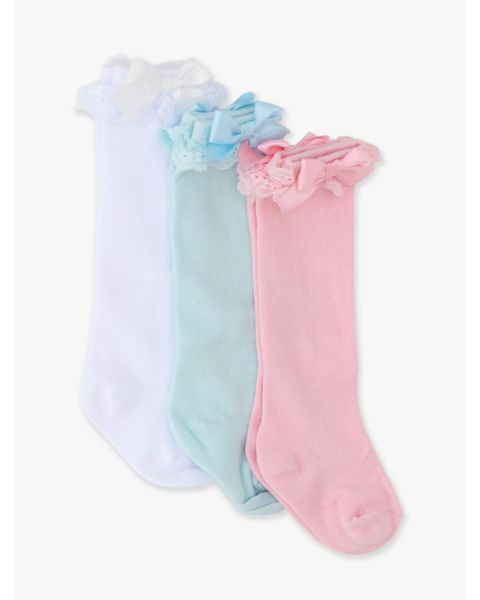 White, Ocean Tide, Pink 3-Pack Lace Ruffle Bow Knee High Socks