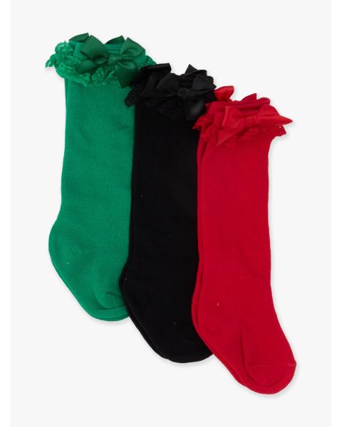 Green, Black, Red 3-Pack Lace Ruffle Bow Knee High Socks