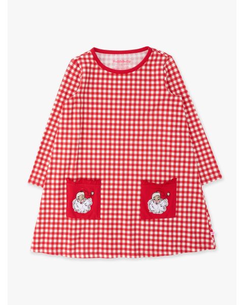 Red & White Gingham Knit Long Sleeve Applique Pocket Dress