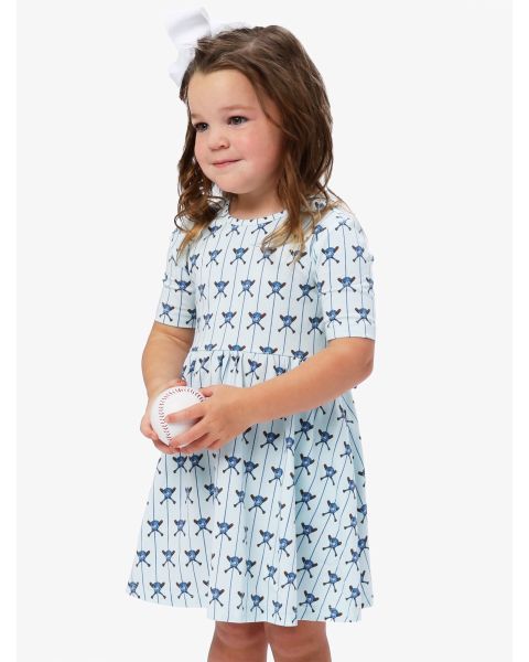 Tiny Blue Batter Up Knit Short Sleeve Twirl Dress