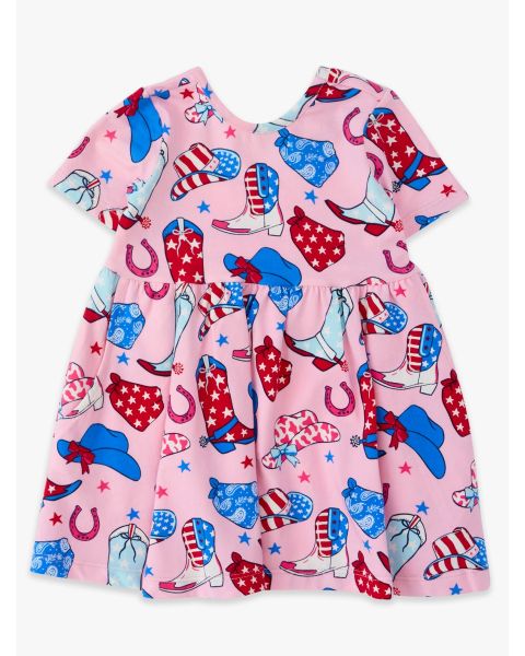 Pink Stars & Spurs Knit Short Sleeve Twirl Dress