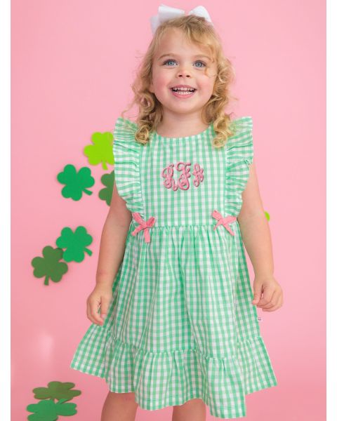 Classic Spring Green Gingham Sleeveless Pinafore Bow Dress