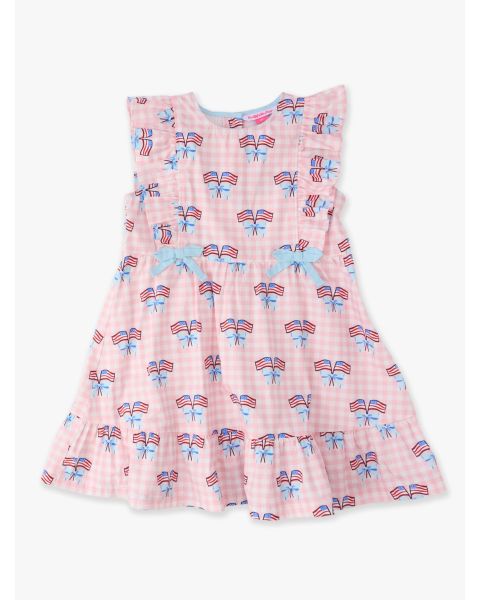 Pink Patriotic Gingham Sleeveless Pinafore Bow Dress