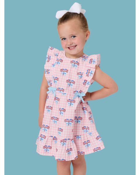 Pink Patriotic Gingham Sleeveless Pinafore Bow Dress