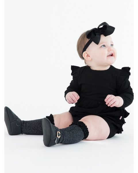 Black Knit Long Sleeve Flutter Bubble Romper