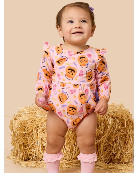 Pumpkin Boo Crew Knit Long Sleeve Flutter Bubble Romper