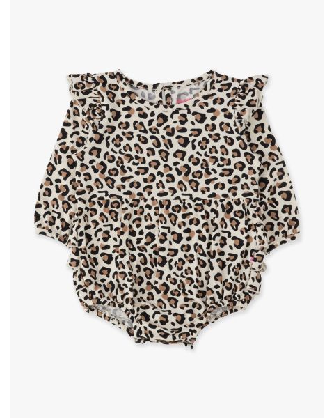 Classic Leopard Knit Long Sleeve Flutter Bubble Romper
