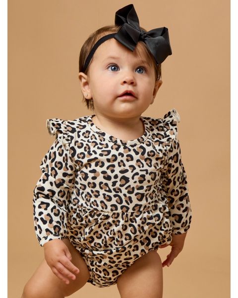 Classic Leopard Knit Long Sleeve Flutter Bubble Romper