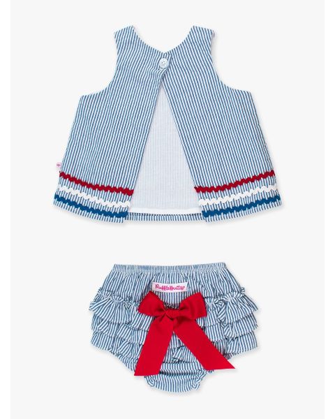 Americana Classic Blue Seersucker Ric Rac Swing Top and Bloomer Set