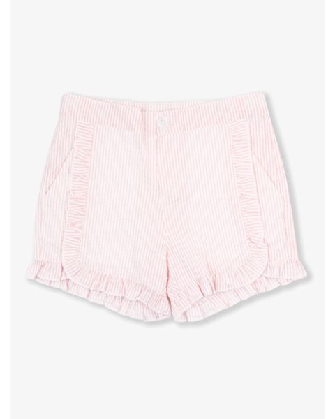 Pink Seersucker Kids Ruffle Trim Woven Shorts