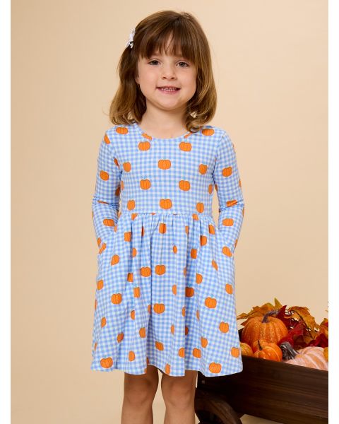 Pumpkin Patch Gingham Knit Long Sleeve Twirl Dress