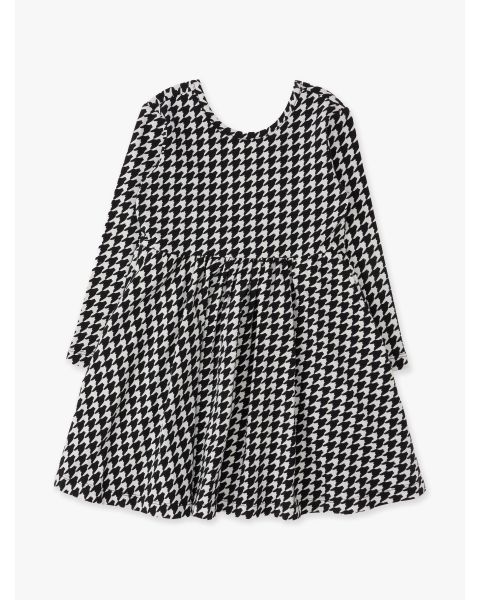 Black Houndstooth Knit Long Sleeve Twirl Dress
