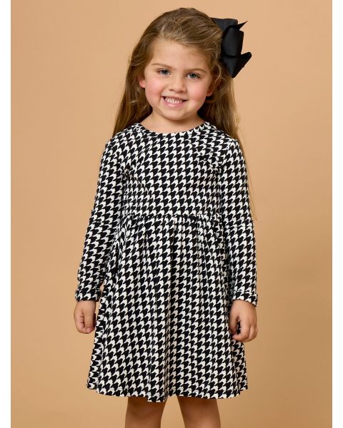 Black Houndstooth Knit Long Sleeve Twirl Dress