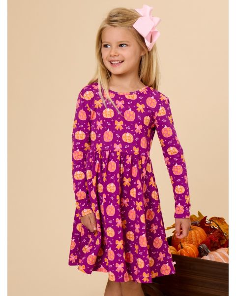Pumpkin Bow Patch Knit Long Sleeve Twirl Dress