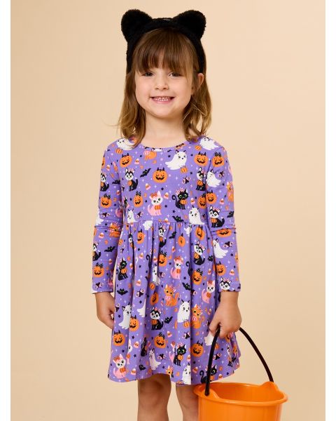 Boo-tiful Kittens Knit Long Sleeve Twirl Dress