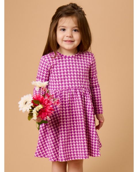 Plum Tart Houndstooth Knit Long Sleeve Twirl Dress