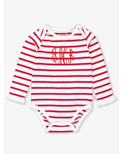 Red & White Stripe Knit Long Sleeve Ruffle Layering Bodysuit