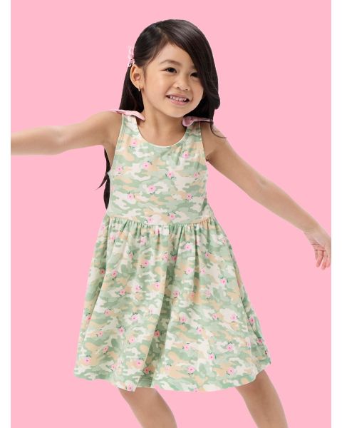 Sage Blossom Camo Tie Shoulder Twirl Dress