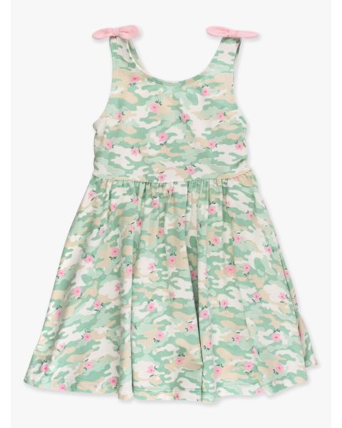 Sage Blossom Camo Tie Shoulder Twirl Dress