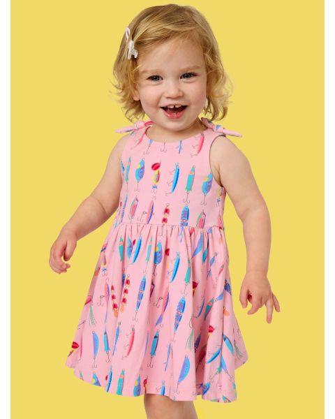 Pink Gone Fishin Tie Shoulder Twirl Dress