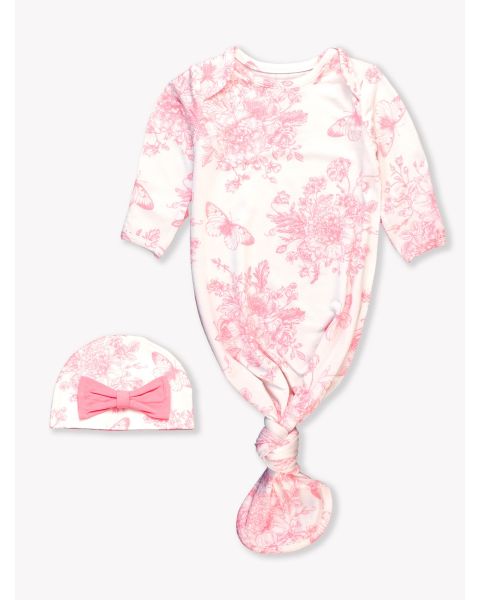 Bubblegum Pink Butterfly Toile Ruffle Knotted Sleep Gown & Hat Set